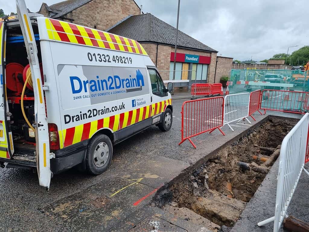 Drain 2 Drain Ltd drainage van with equipment for professional drainage services in the UK.