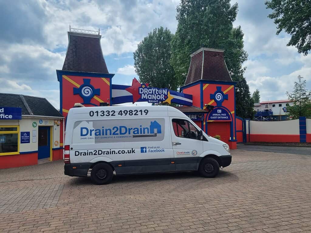 Drain 2 Drain Ltd service vehicle at Drayton Manor amusement park.