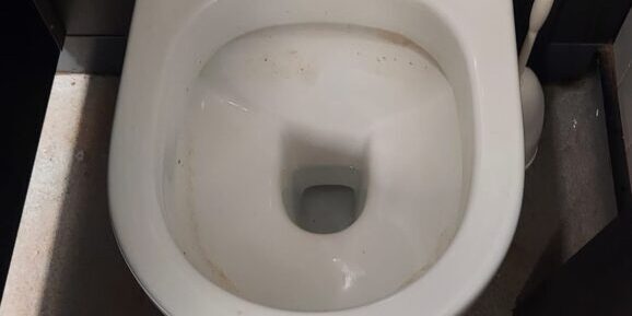 Toilet with potential drain issues, highlighting importance of early drain care and professional plu.